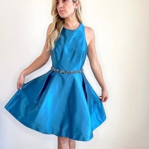 Monique Lhuillier Teal Blue Beaded Open Back Cocktail Dress